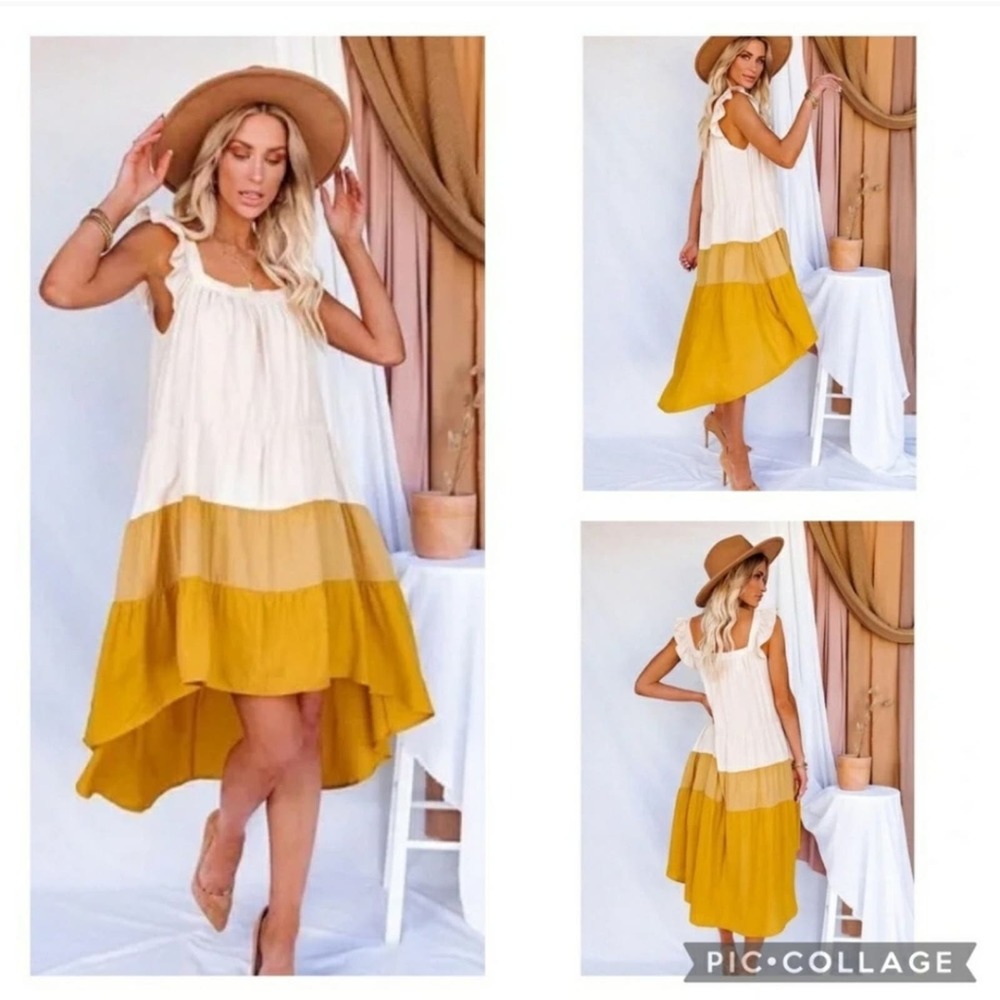 Moodie Hi-Low pocketed sun dress with ruffle detail, yellow and white, size med.